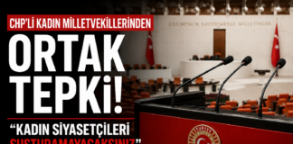 CHP’li Kadın Milletvekillerinden Ortak Tepki: “Kadın Siyasetçileri Susturamayacaksınız” BMM kürsüsü önünde CHP kadın milletvekilleri ortak tepki afişi